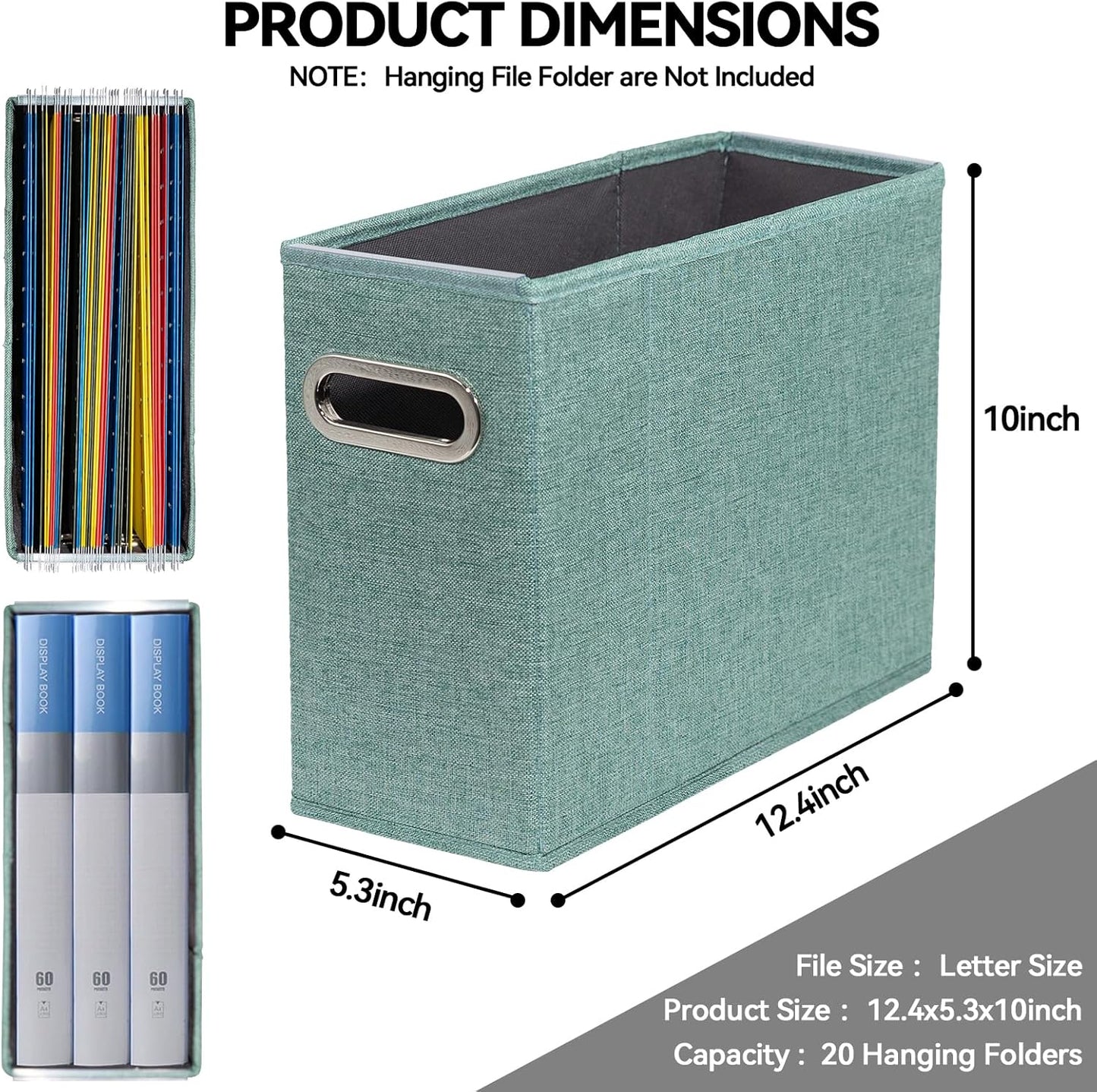 4 Packs Letter Size File Organizer, File Folders Organizer, Fabric Storage Box, Collapsible Paper Organizer with Metal Handle, Smooth PVC Rails, Only Box (Green)