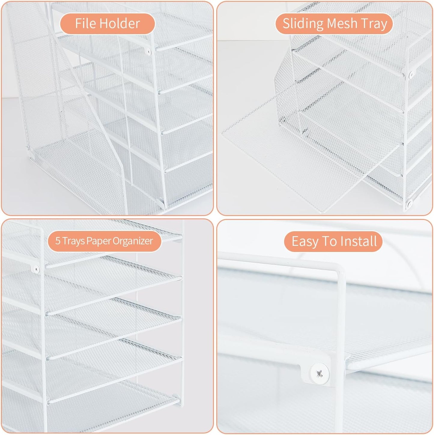 Desk Organizers and Accessories, 5-Tier Paper Letter Tray Organizer with File Holder, Desktop Organizer for Office Supplies (White)