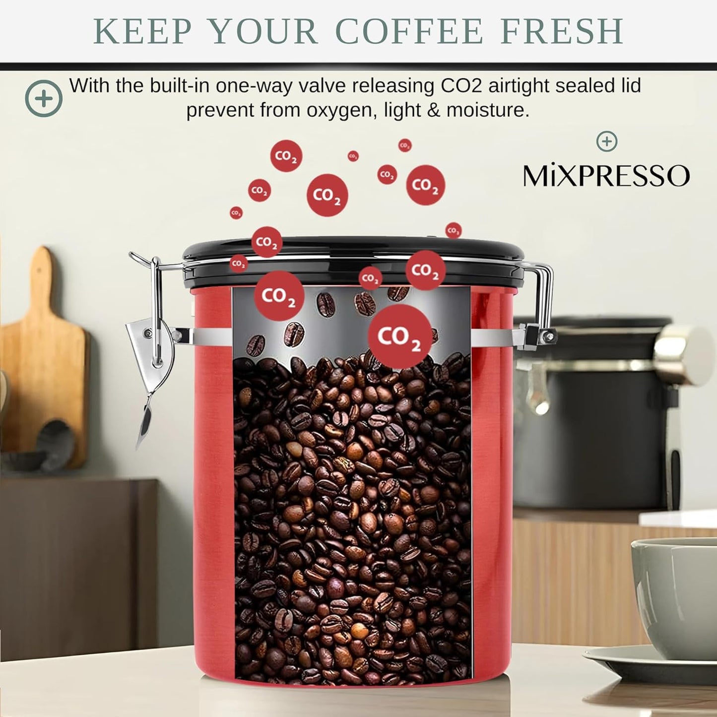 Mixpresso 16 Oz Red Coffee Canister, Stainless Steel Airtight Coffee Container, Air tight Jar Tea Storage with Date Tracker, Vacuum Sealed Espresso Airtight Canister, Sugar Container for Home