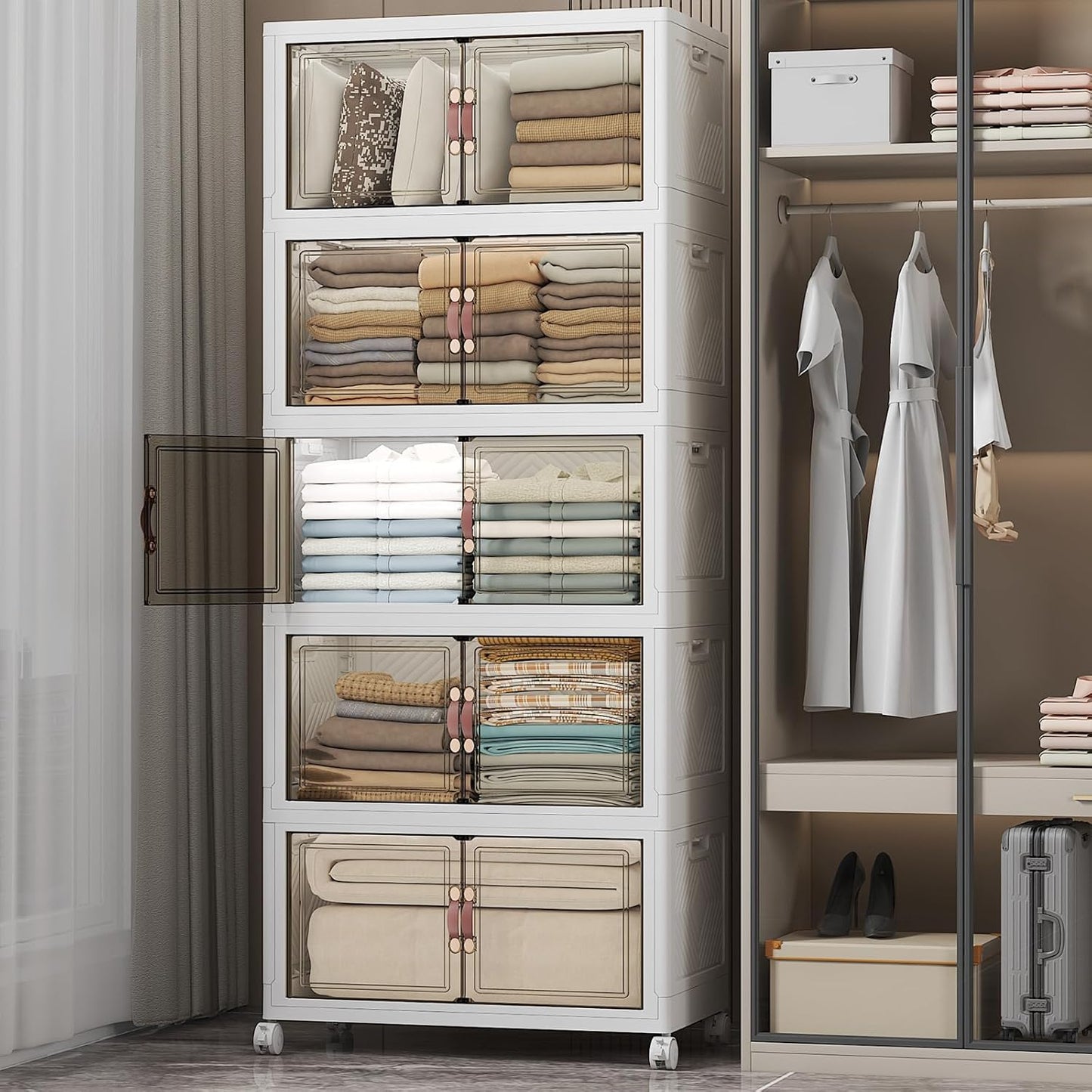 Extra Large Stackable Storage Bins with Lids & Wheels & Door, 560QT-112QT/28GAL*5Pack Foldable Collapsible Closet Organizers, Plastic containers drawers for bedroom Dorm