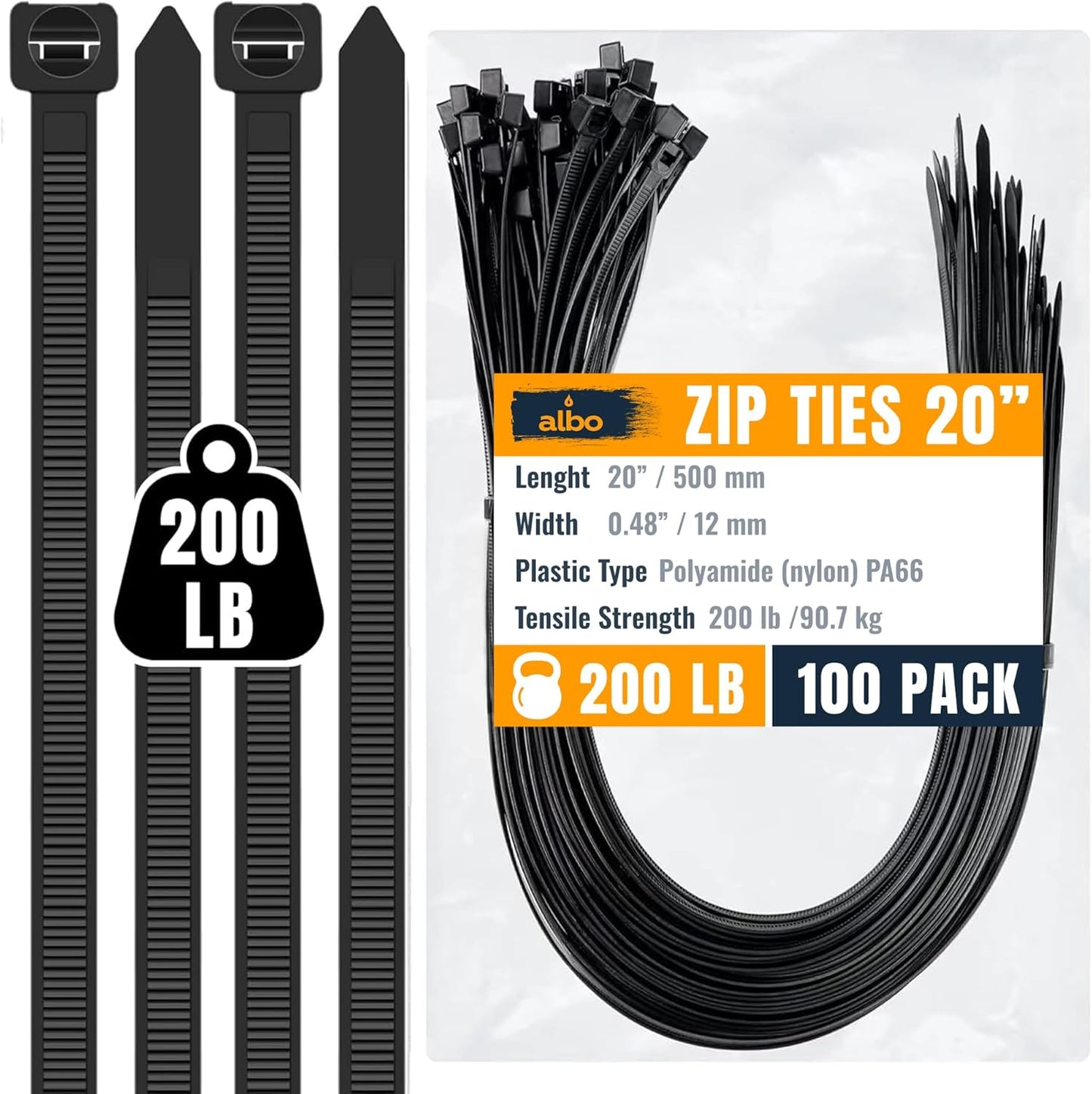 ALBO Black Zip Ties 20 Inch Plastic Cable Ties 100 Pack Tie Wraps Heavy Duty 200lb UV Resistant Nylon Wire Ties