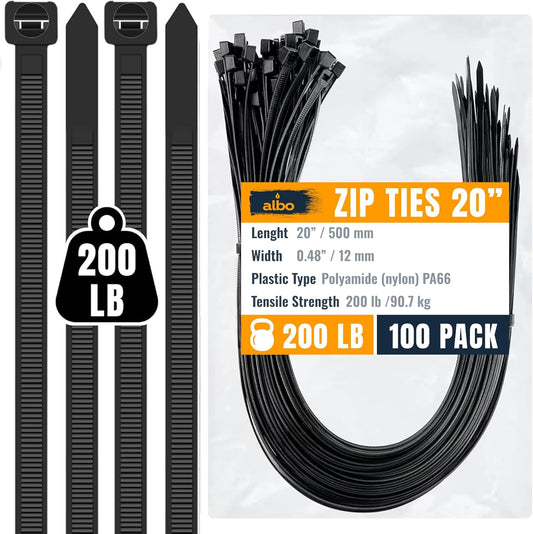 ALBO Black Zip Ties 20 Inch Plastic Cable Ties 100 Pack Tie Wraps Heavy Duty 200lb UV Resistant Nylon Wire Ties