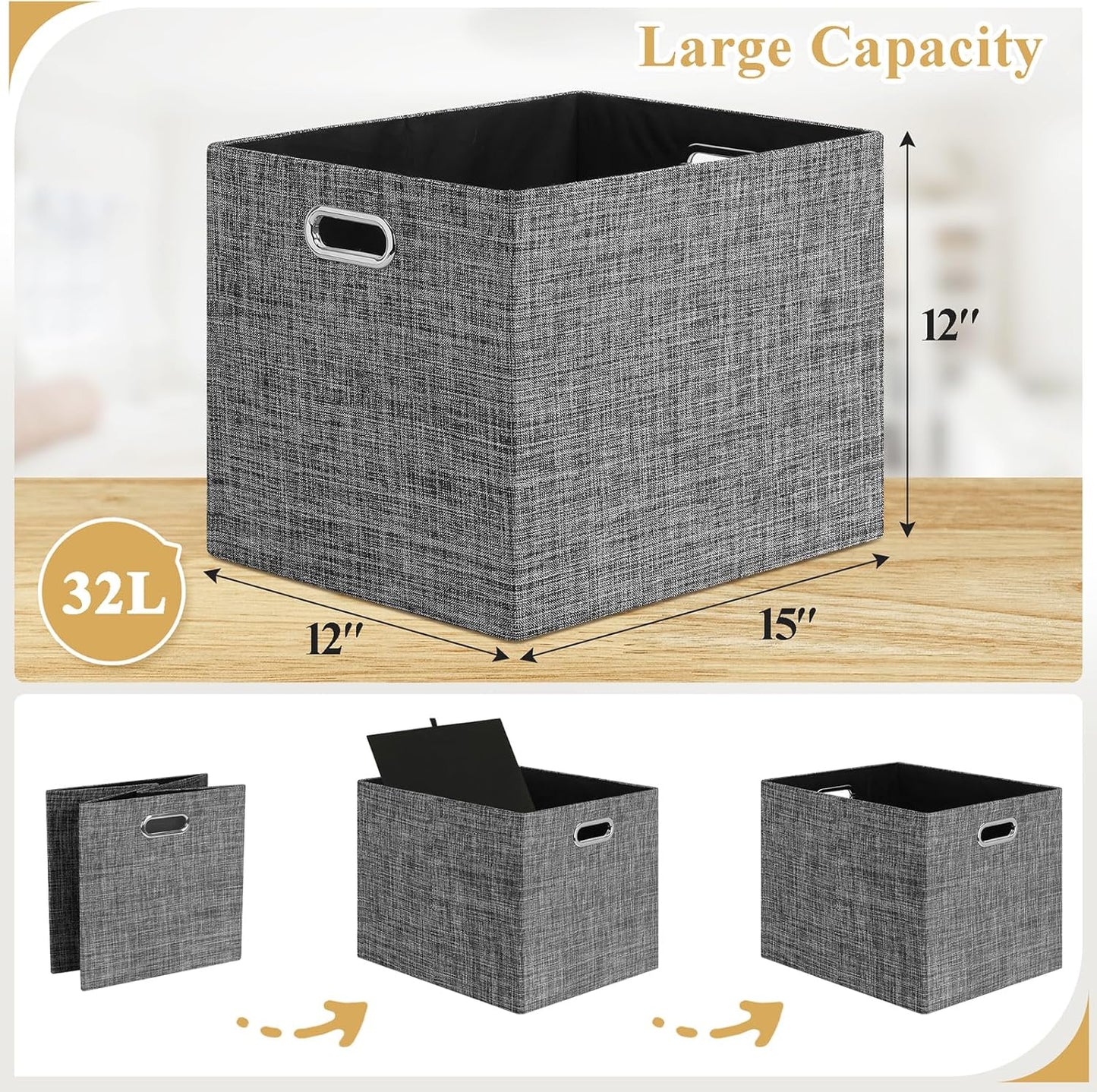 Posprica 15.12"x12.13"x12.01" Storage Cube Bins, Linen Decorative Closet Storage Organizer for IKEA Kallax, 4 Pack Fabric Foldable Large Storage Baskets for Closet, Shelves, Clothes, Toy (Black)