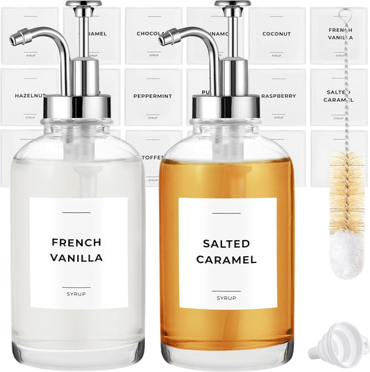 Coffee Syrup Dispenser with Pump - Includes 24 Flavor Labels - Glass Syrup Dispenser for Coffee Bar - Elevate your Beverage Station with 16.9 fl oz Flavoring Container Bottles, 2pcs, Silver