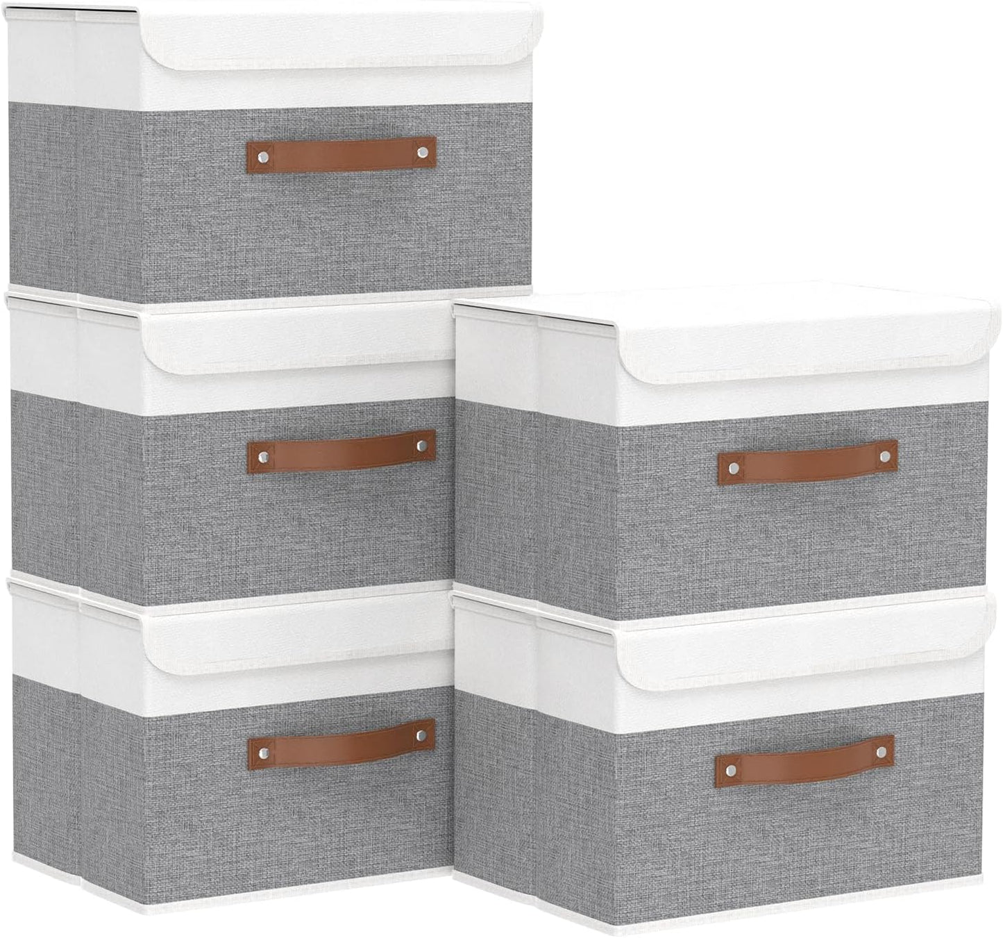 Yawinhe Storage Boxes with Lids, Linen Fabric Bin, Cube Organizer Basket, Washable and Leather Handle, for Home, Closet, White/Grey, 15.0''Lx9.8''Wx9.8''H, 5-Pack, USNK024WGL-5