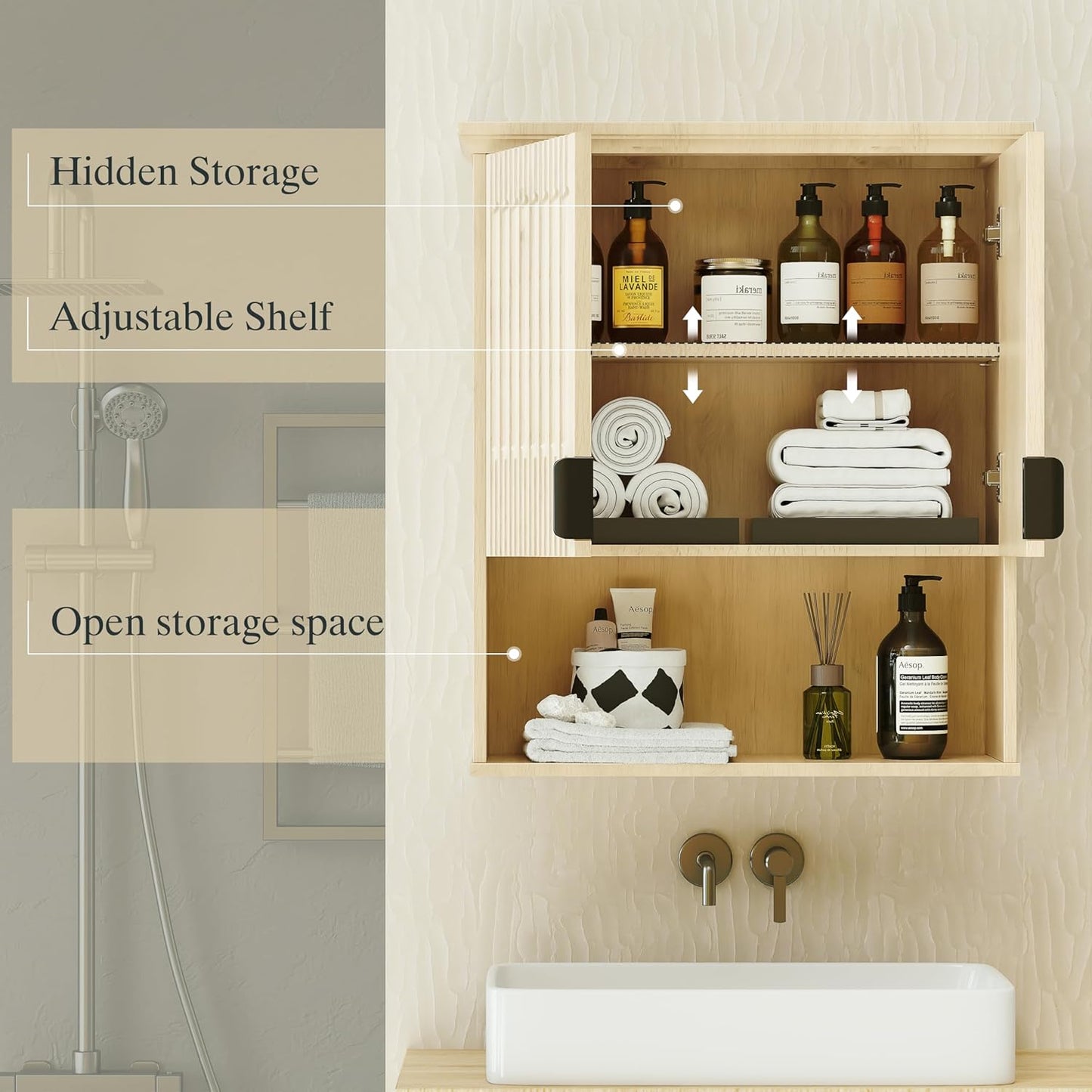 FLOWBACK Wall Mount Bathroom Cabinet, Wooden Medicine Cabinet Storage Organizer with Fluted Doors and Adjustable Shelf, Over The Toilet Space Saver Storage Cabinet