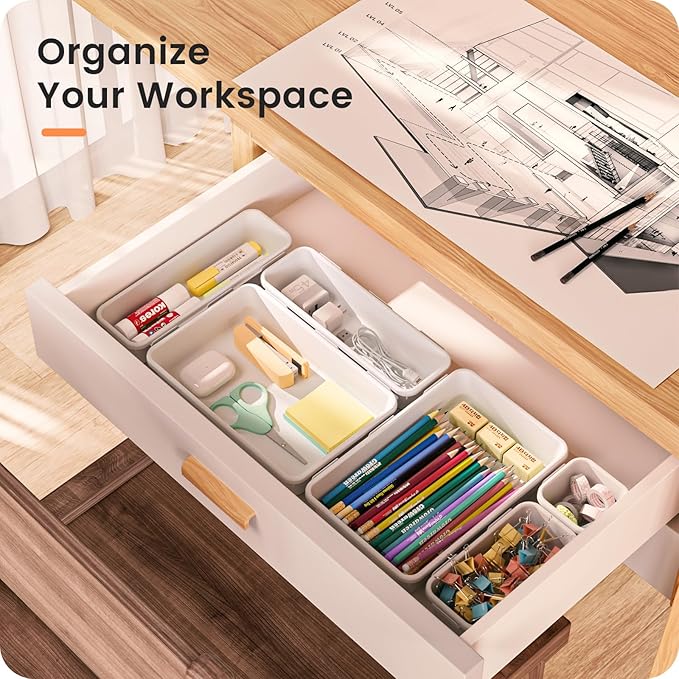 A-LuGei 【𝟮𝟴𝗣𝗖𝗦】 【𝟱𝗦𝗶𝘇𝗲】 White Drawer Organizer, Makeup organizer, 【Holds 177 Items】 Bathroom Organizers and Storage, Plastic Desk Organizer Divider, Organizer Bins for Office Vanity