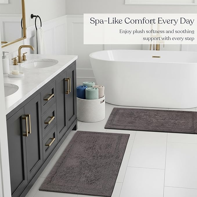 Delara Organic Cotton Reversible Bath Mat – 3000 GSM, GOTS Certified, Ultra-Thick & Super Absorbent | Soft, Plush & Quick-Drying Bathroom Rug (Dark Grey, 24x44)