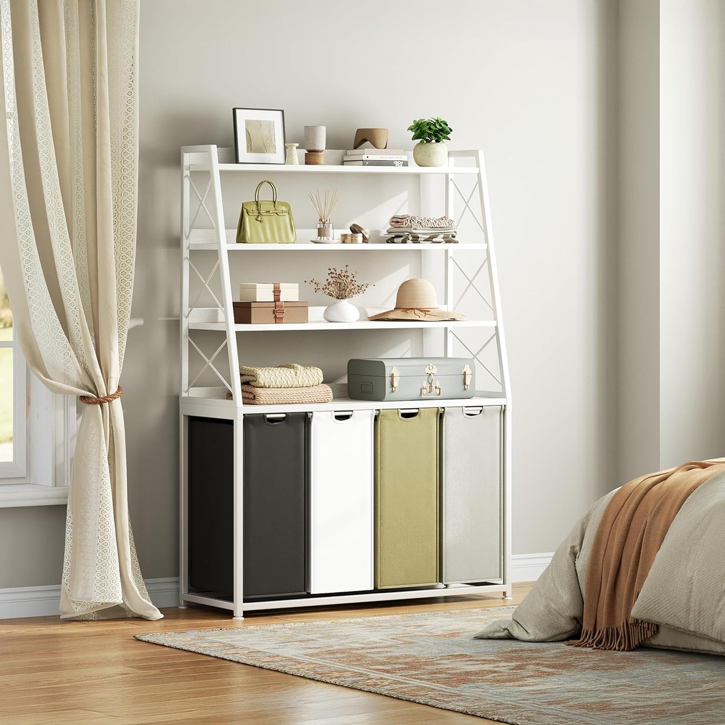 Laundry Basket, 4 Section Laundry Hamper with 4 Tiers Shelf, Pull-Out and Removable Laundry Bags, Large 4 x 15.87 Gallons, for Laundry Room Bathroom White PF12XLE