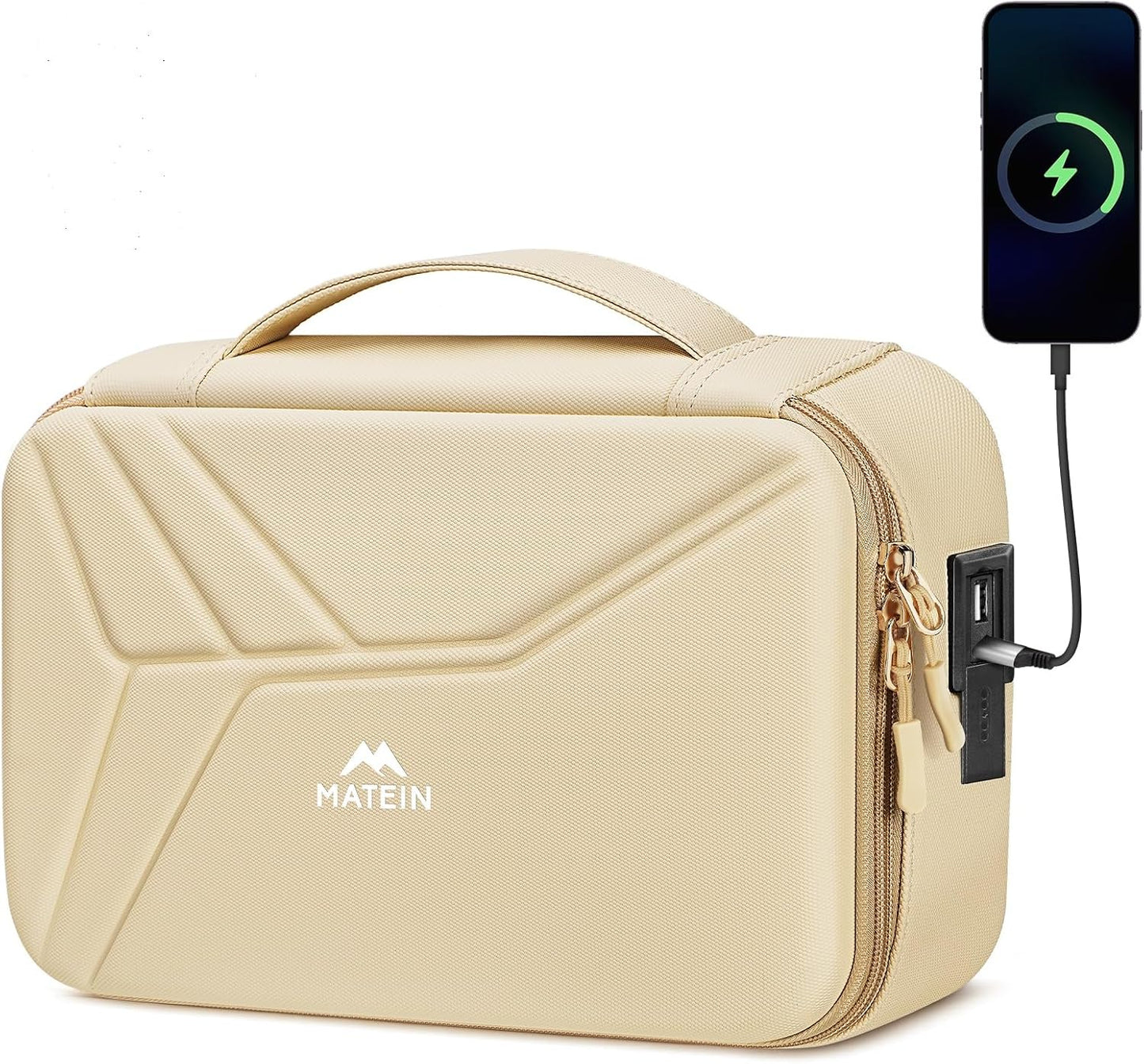 MATEIN Charger Cord Organizer with USB-C & USB-A Ports, Hardshell Cable Organizer Bag Cord Storage for Travel, Water Resistant 2-in-1 Electronics Case for Tech Accessories and Cosmetics, Apricot