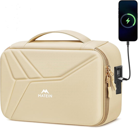 MATEIN Charger Cord Organizer with USB-C & USB-A Ports, Hardshell Cable Organizer Bag Cord Storage for Travel, Water Resistant 2-in-1 Electronics Case for Tech Accessories and Cosmetics, Apricot