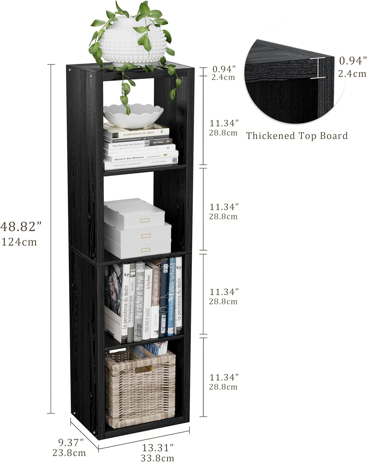 Cube Storage Organizer Bookcase, Small 4 Tier 11 inch Open Back Cubical Shelf with Thickened Border, Display Bookshelf for Living Room, Home Office, Sturdy Room (Black, 4 Cube,Vertical)