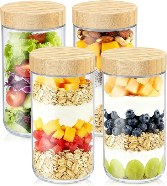 DRKIO 24 Oz Overnight Oats Containers with Bamboo Lids - 4 Pack Glass Storage Jars with Airtight Lids Wide Mouth Mason Food Jars Great for Meal Prep Salad Chia Pudding Snacks Yogurt Sugar Spice