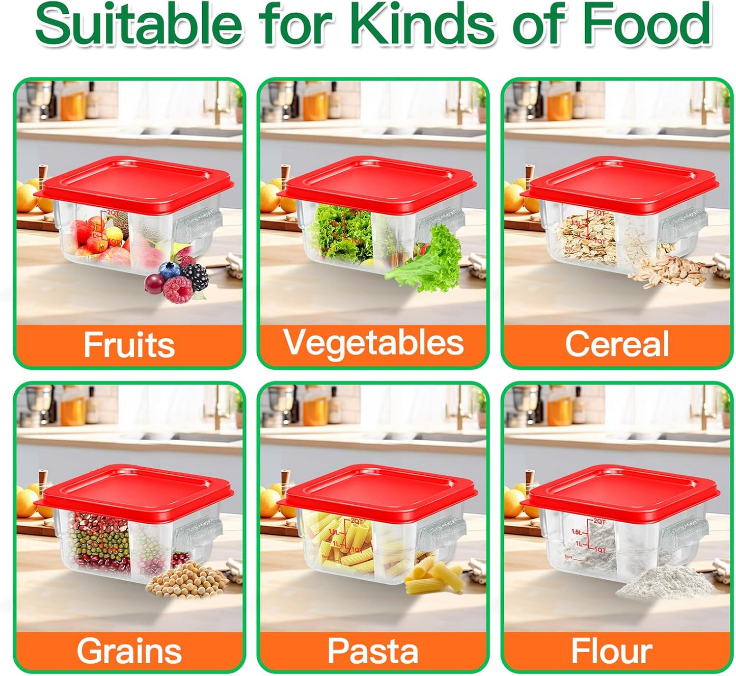 4 pcs 2qt Food Storage Containers with Lid, Square Clear Commercial Food Storage Containers with Handle and Scale for Food Storage in Home Kitchen & Dining (Red)