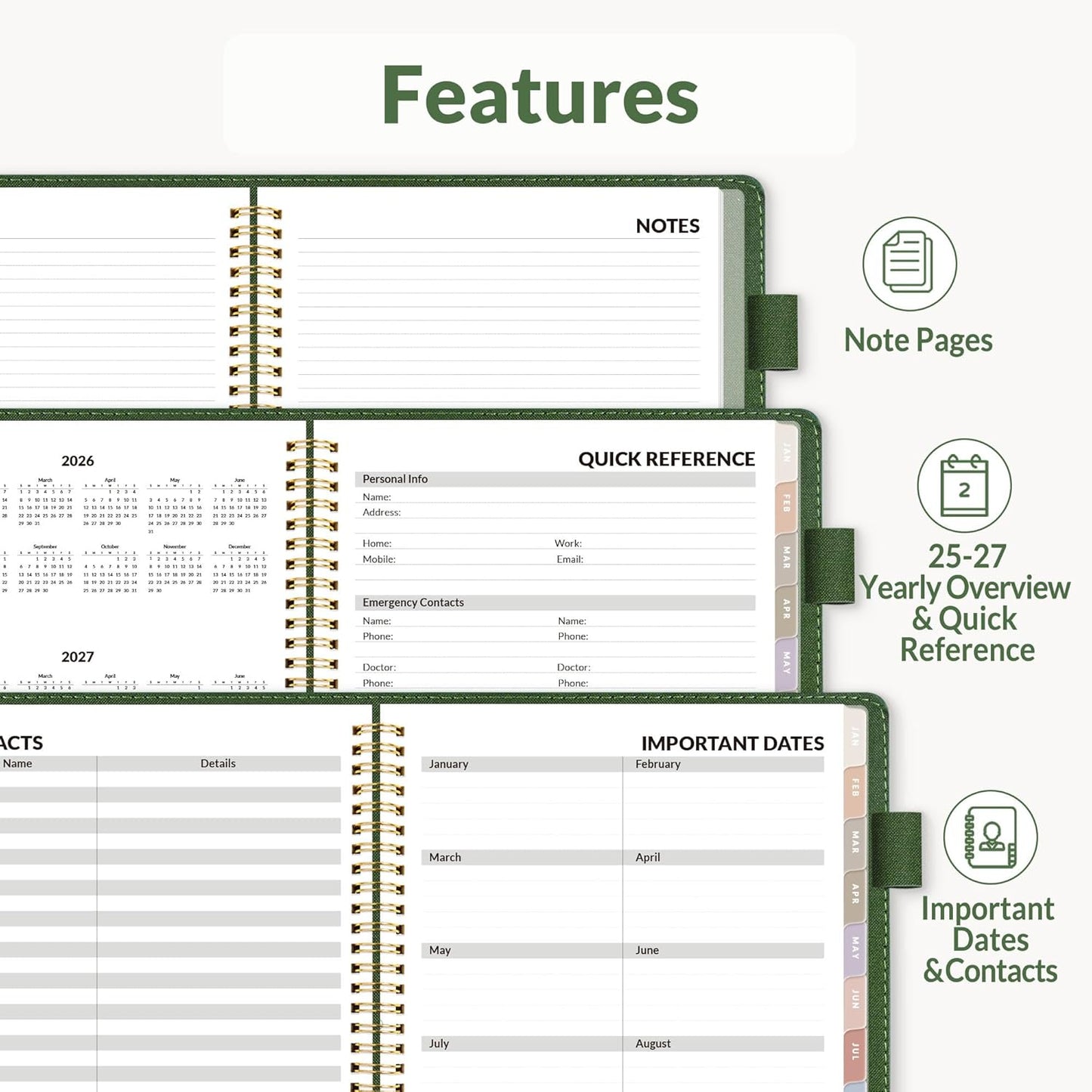 SUNEE 2026 Weekly & Monthly Planner 6.4"x8.5"- 12 Month (January 2026 - December 2026), Vegan Leather Cover, Pocket, Bookmark, Notes, Monthly Tab, Deep Green