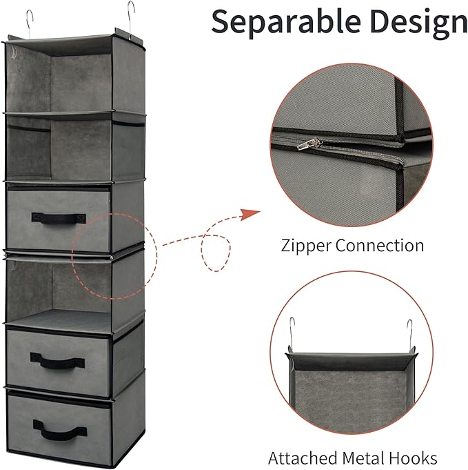 GRANNY SAYS 6-Shelf Hanging Closet Organizer, Separable to 2 Pack 3-Shelf, Closet Organization and Storage with 3 Different Drawers, 4 Side Pockets Wardrobe Clothes Organizer, Gray, 1-Pack