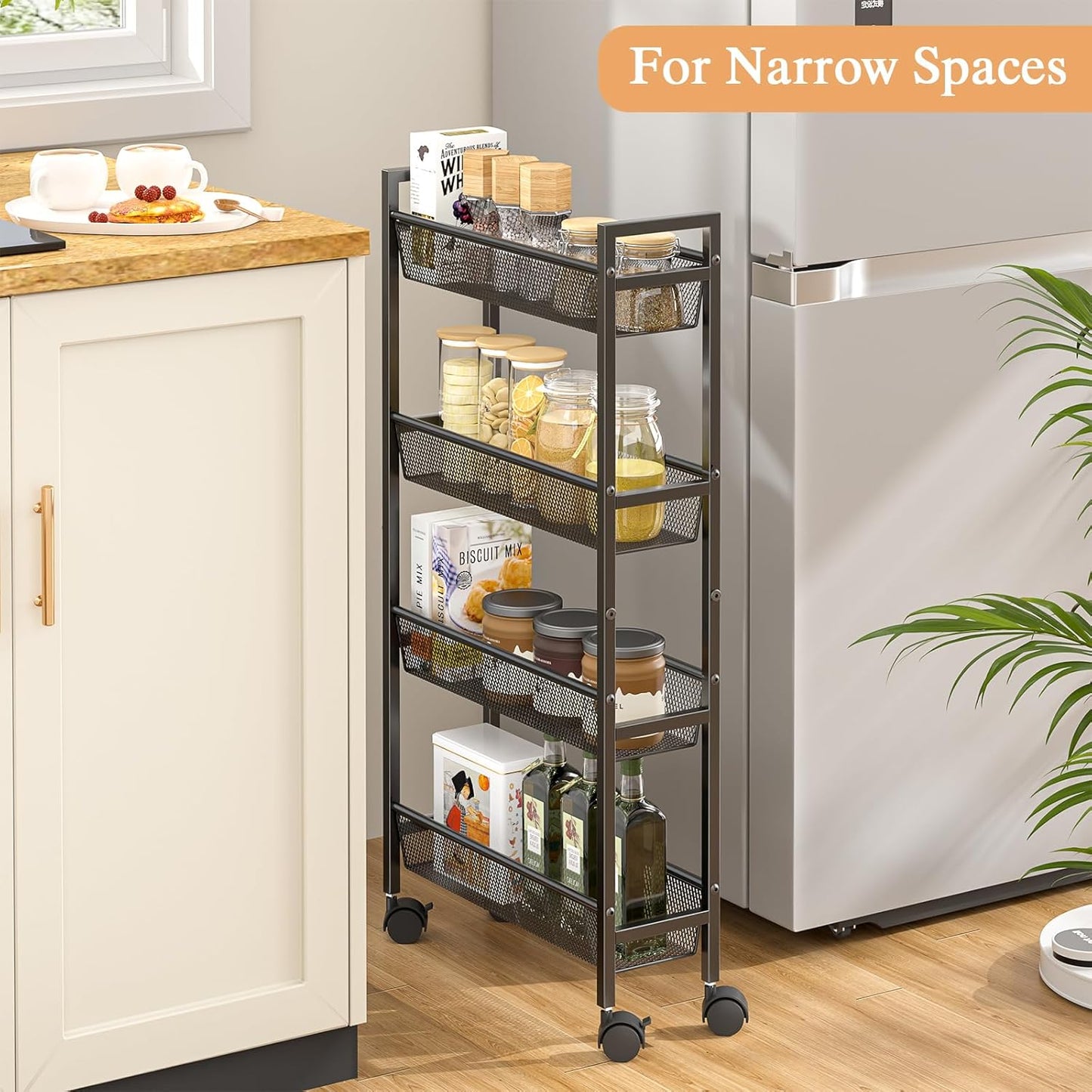 Slim Storage Rolling Cart, 4 Tier Narrow Cart with Wheels, Metal Kitchen Carts for Small Spaces, Slide Out Storage Shelves Mobile Shelving Unit for Kitchen, Laundry Room, Bathroom, Living Room, 6in(W)