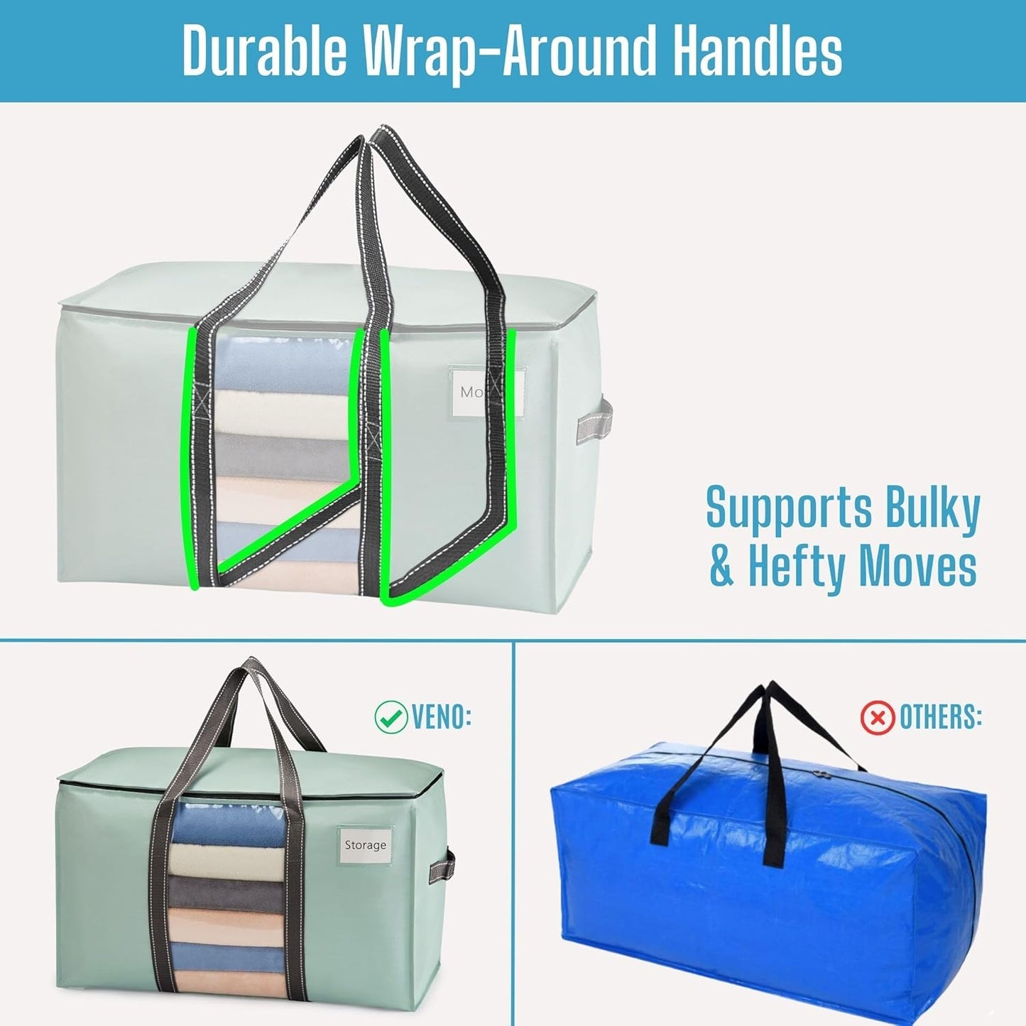 VENO 10 Pack Moving Bags, Moving Supplies, Moving Boxes, College Packing Storage Boxes with Lids Alternative, Heavy Duty Totes, Extra Large, Sturdy Handles, Zipper (Light Green with Window, 10 Pack)