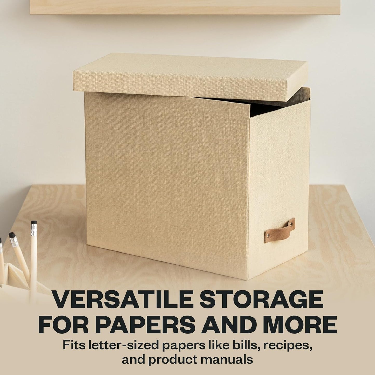 Bigso John File Box - File Storage Box and File Organizer for Important Paperwork - Durable Hanging File Box with Lid and Leather Handle - 7.4 in x 13 in x 10.4 in - Cream