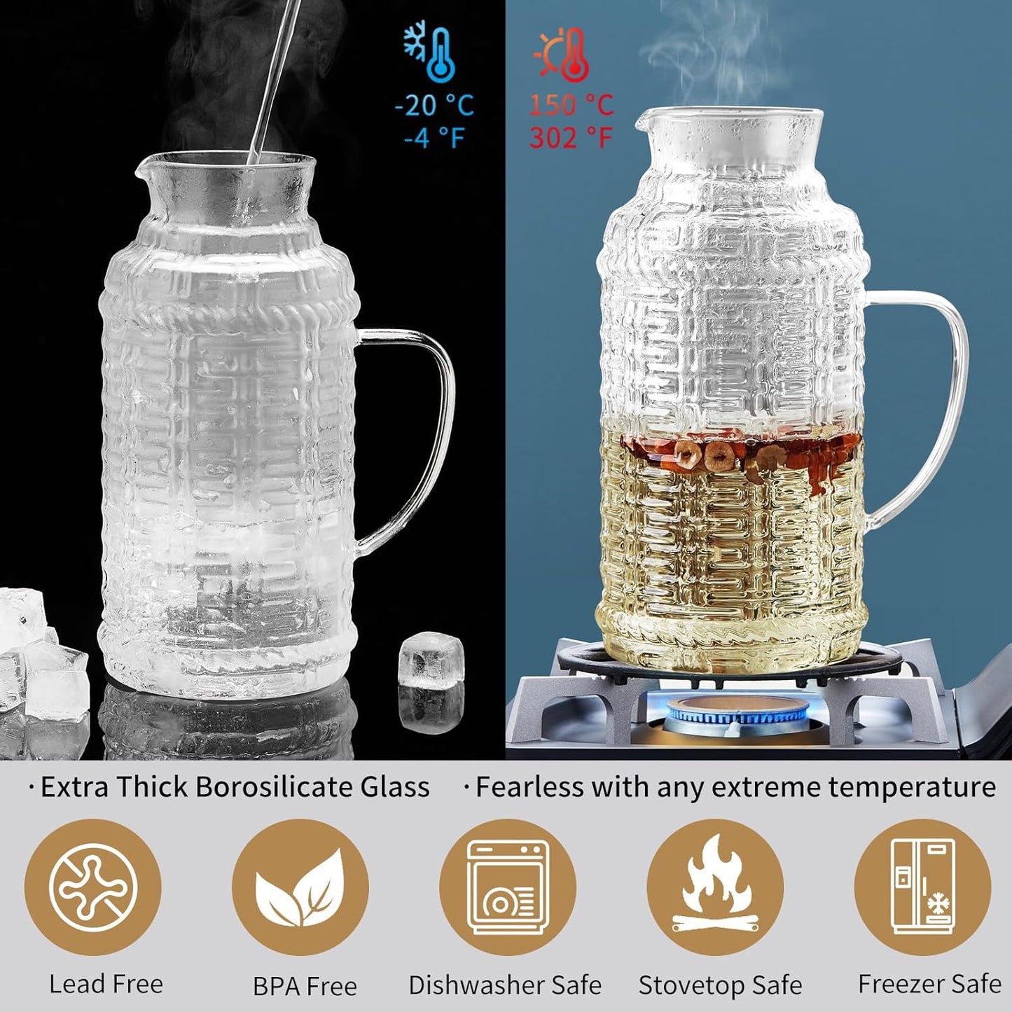 68OZ Glass Pitcher with Lid and Spout, Water Jug, 2000ml Carafe for Hot/Cold Water, Large Iced Tea Pitcher for Coffee, Juice and Homemade Beverage (Textured)