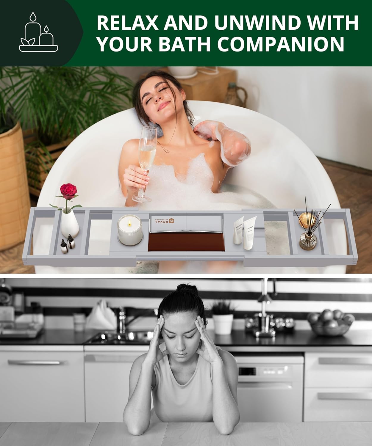 ROYAL CRAFT WOOD Premium Foldable Bathtub Tray - Expandable Bath Tray for Tub - Luxury Bathtub & Bathroom Accessories