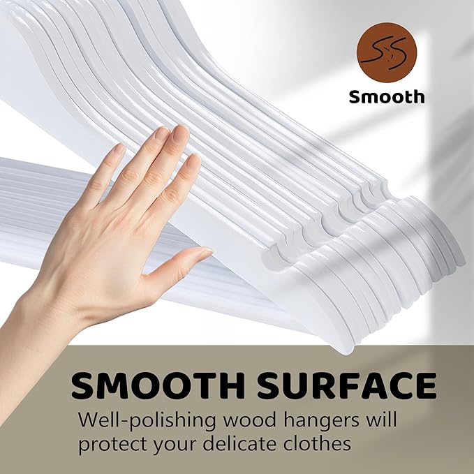 Wooden Hangers 30 Pack, Smooth Wood Hangers with 360° Swivel Hook & Notches, Slim Coat Hanger Wooden for Closet, White