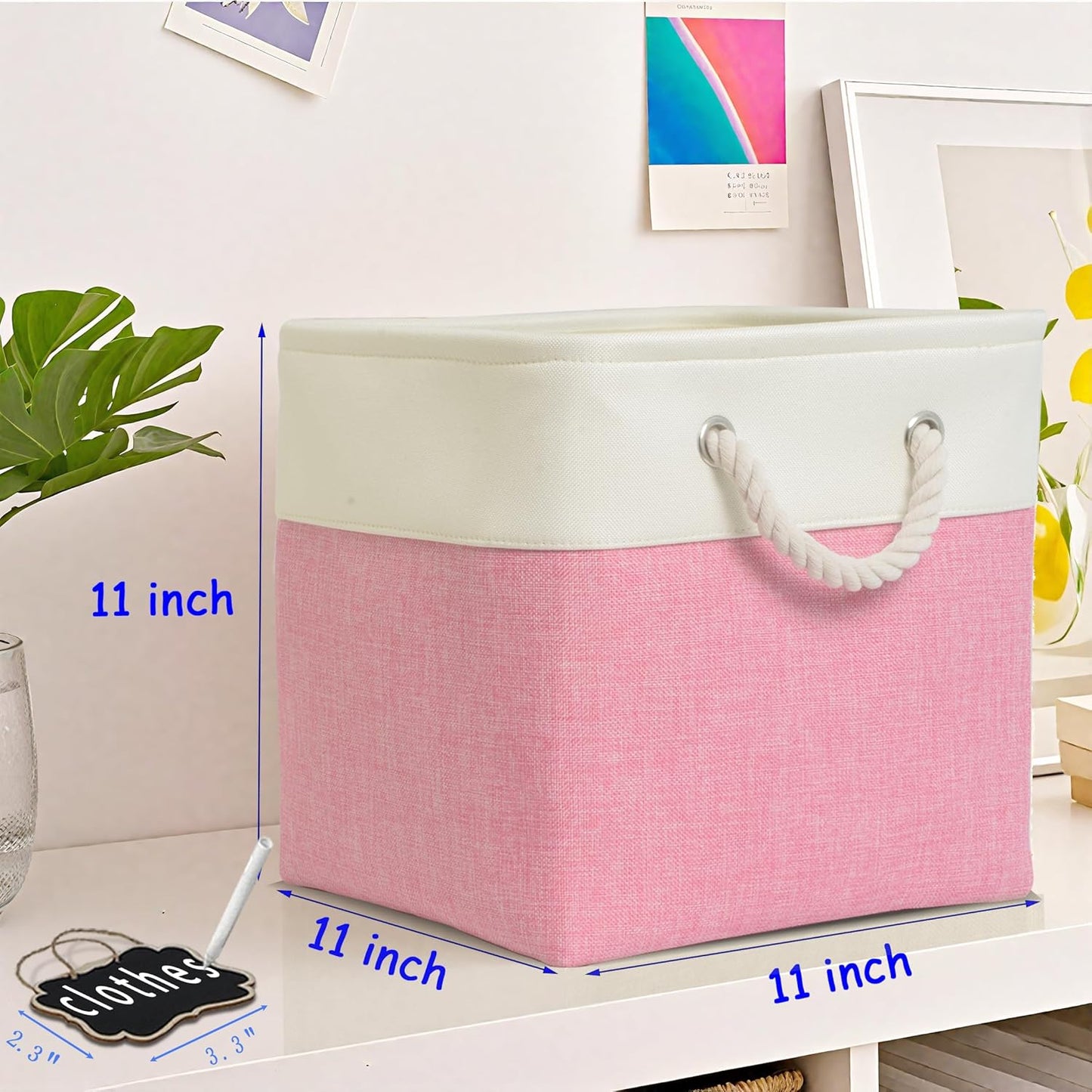 storage cubes 11x11x11[6 Pack],Fabric Storage Cubes with Rope Handles, Eco-Friendly Linen Collapsible Organizers for Closet, Nursery, Toys, Office, Bathroom – Dual Color Design.(White&Pink)
