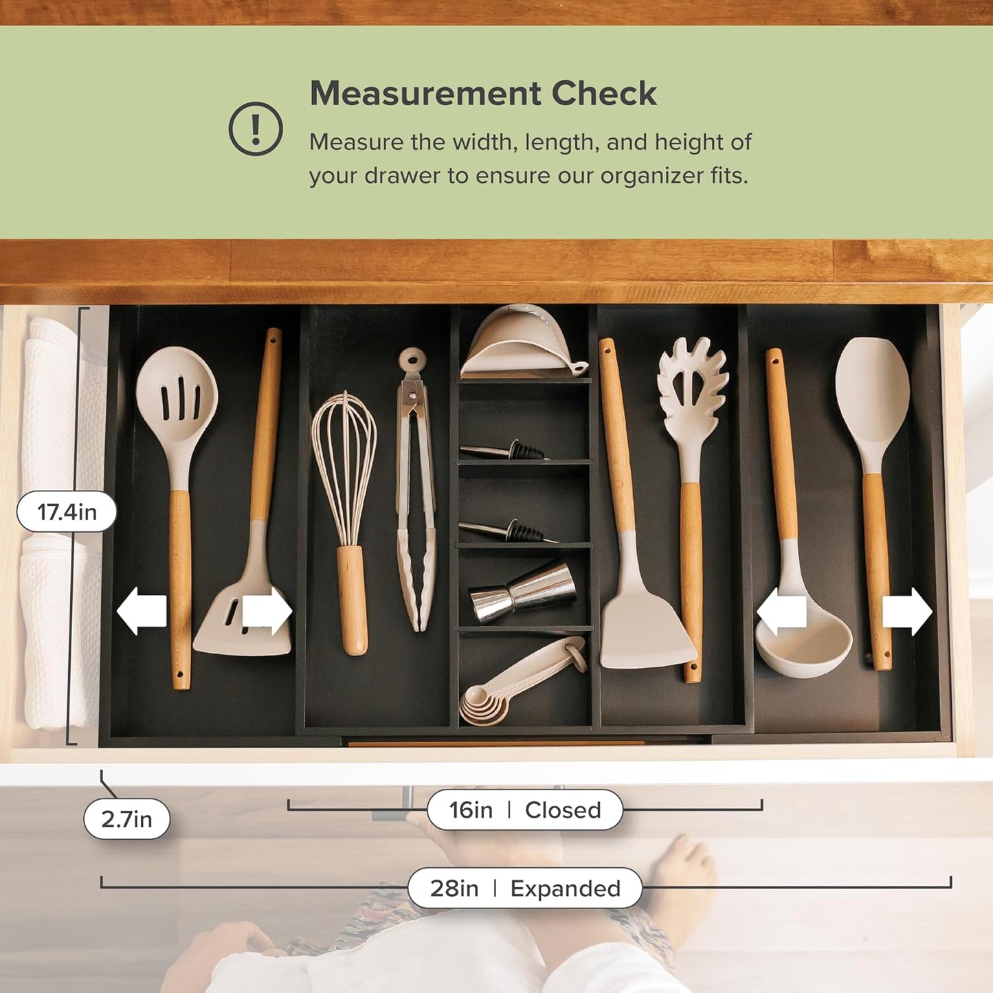 KitchenEdge Adjustable Kitchen Drawer Organizer for Utensils and Junk, Food-Safe Contract Grade with 100% Sustainable Wood, Expandable from 16 to 28 Inches Wide - Black Bamboo