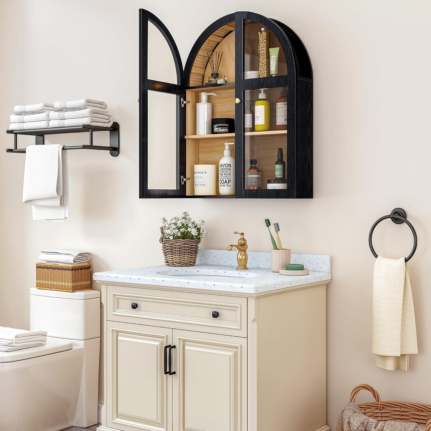 Arched Bathroom Wall Cabinet, Arch Medicine Cabinet Wall Mounted with Acrylic Doors, Wall Over The Toilet Storage Cabinet with Adjustable Shelves for Laundry Room, Kitchen (Black)