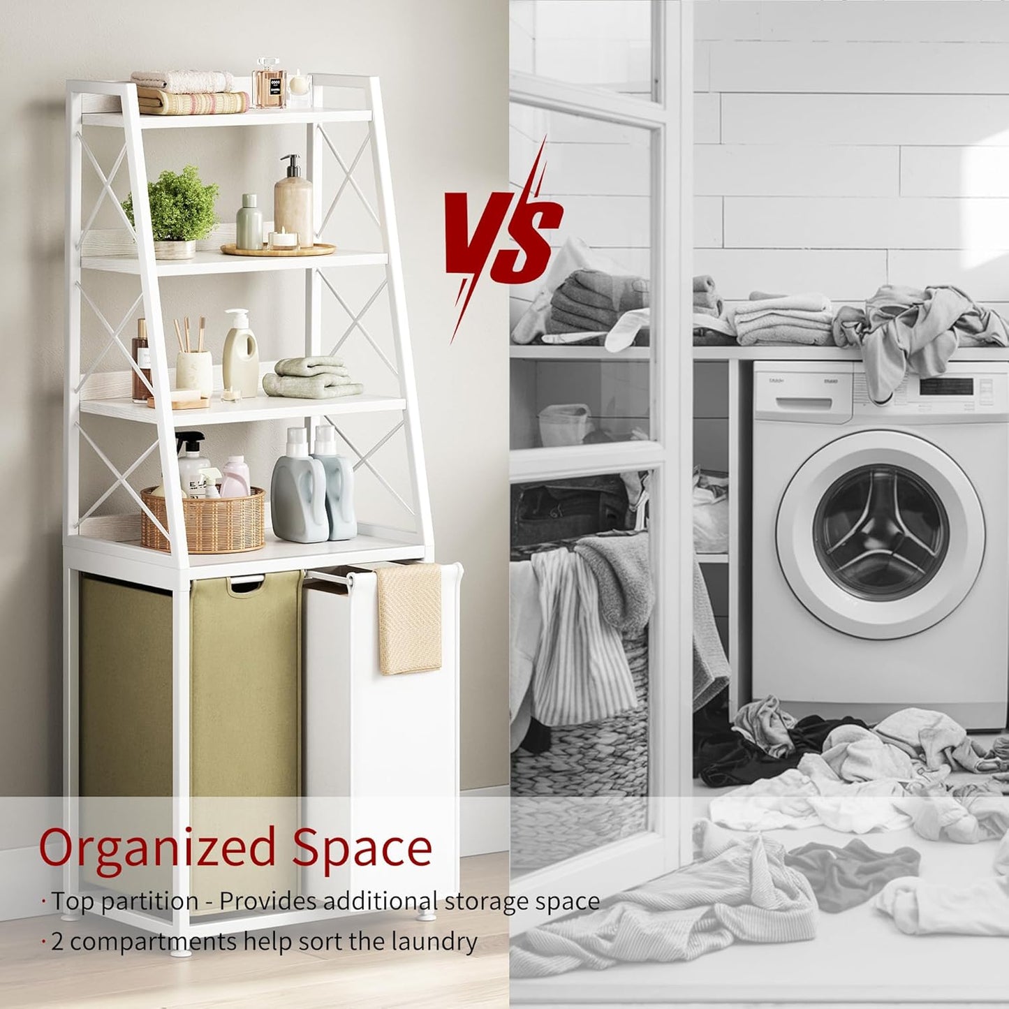 Laundry Basket, 2 Section Laundry Hamper with 4 Tiers Shelf, Pull-Out and Removable Laundry Bags, Large 2 x 15.87 Gallons, for Bedroom Bathroom White PF11XLE