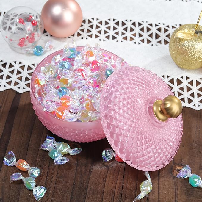 Joeyan 12 oz Small Pink Glass Jewelry Box Jars with Lid,Embossed Glass Candy Dishes,Diamond Faceted Food Container,Decorative Apothecary Canisters,Colored Kitchen Bathroom Buffet Storage Organizer