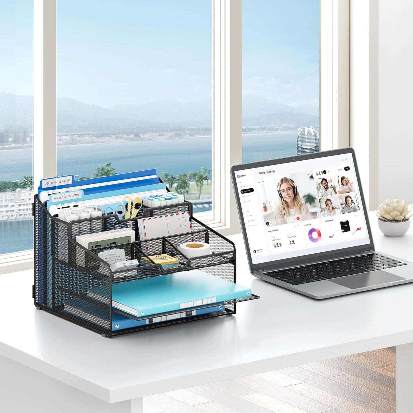 Lavatino Desk Organizer - Metal Mesh with 2 Paper Letter Trays, 7 Flexible Dividers, 2 Vertical File Holders for Office/Home/Classroom Supplies, Desk Organizers and Accessories, Black