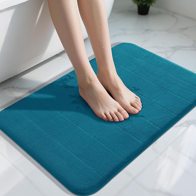 Yimobra Memory Foam Bath Mat, Super Soft Absorbent Bathroom Rug Non Slip 31.5x20 Inch, Quick Dry, Machine Washable Floor Carpet for Tub Shower, Home Decor Accessories, Peacock Blue