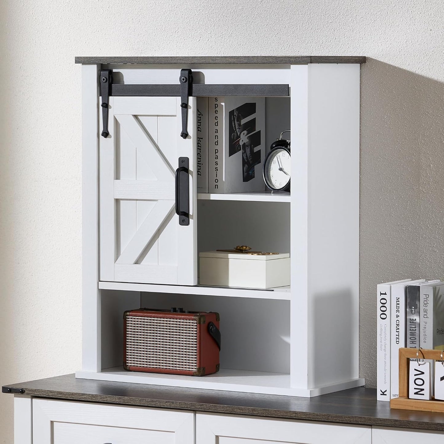 28" Wall Cabinet, Wooden Medicine Cabinet Adjustable Shelves, Over Toilet Storage Cabinet with Sliding Barn Door for Bathroom/Kitchen/Laundry, Black with White