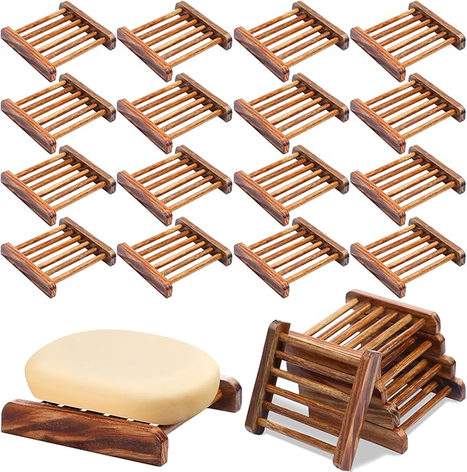 Amyhill 25 Pcs Bamboo Wood Soap Dish Bulk Bathroom Wooden Soap Holder Savers Self Draining Dishes Handcraft Tray, 3.3 x 3.3 x 0.67 Inch (Charcoal Color)