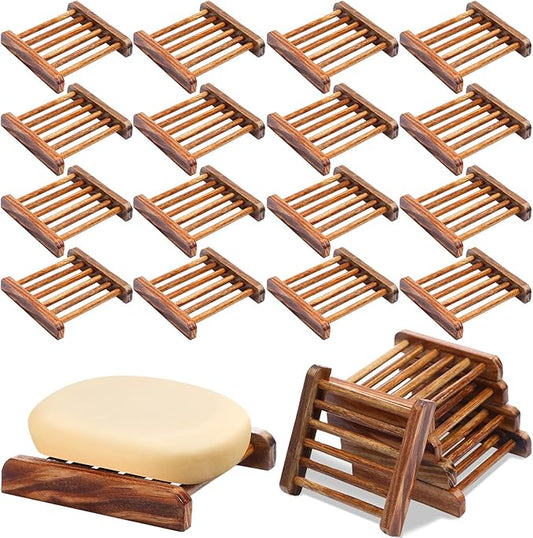 Amyhill 25 Pcs Bamboo Wood Soap Dish Bulk Bathroom Wooden Soap Holder Savers Self Draining Dishes Handcraft Tray, 3.3 x 3.3 x 0.67 Inch (Charcoal Color)
