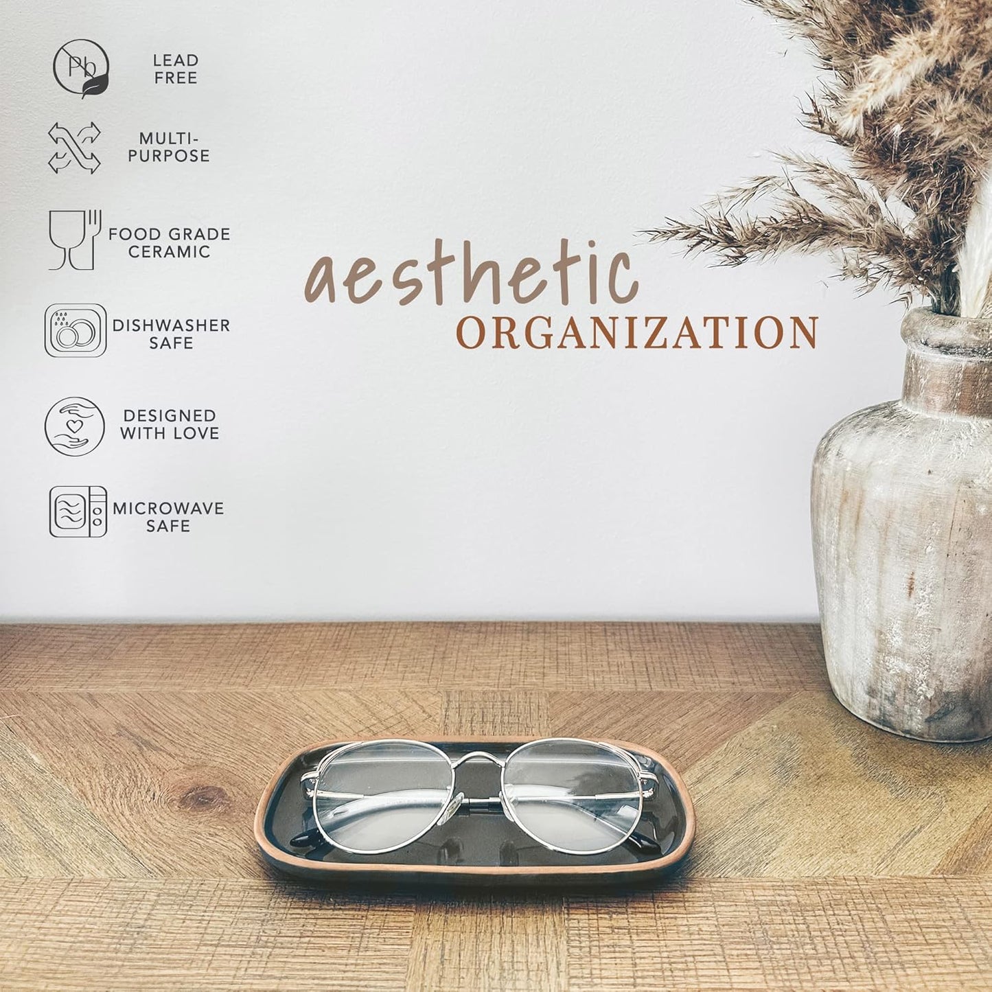 Mora Ceramic Decorative Tray - Rectangle 6.4in Dish for Jewelry, Perfume, Makeup, Accessories, Candle, in The Bathroom Vanity, Bedside, or Kitchen Counter. Cute Organizers - Black