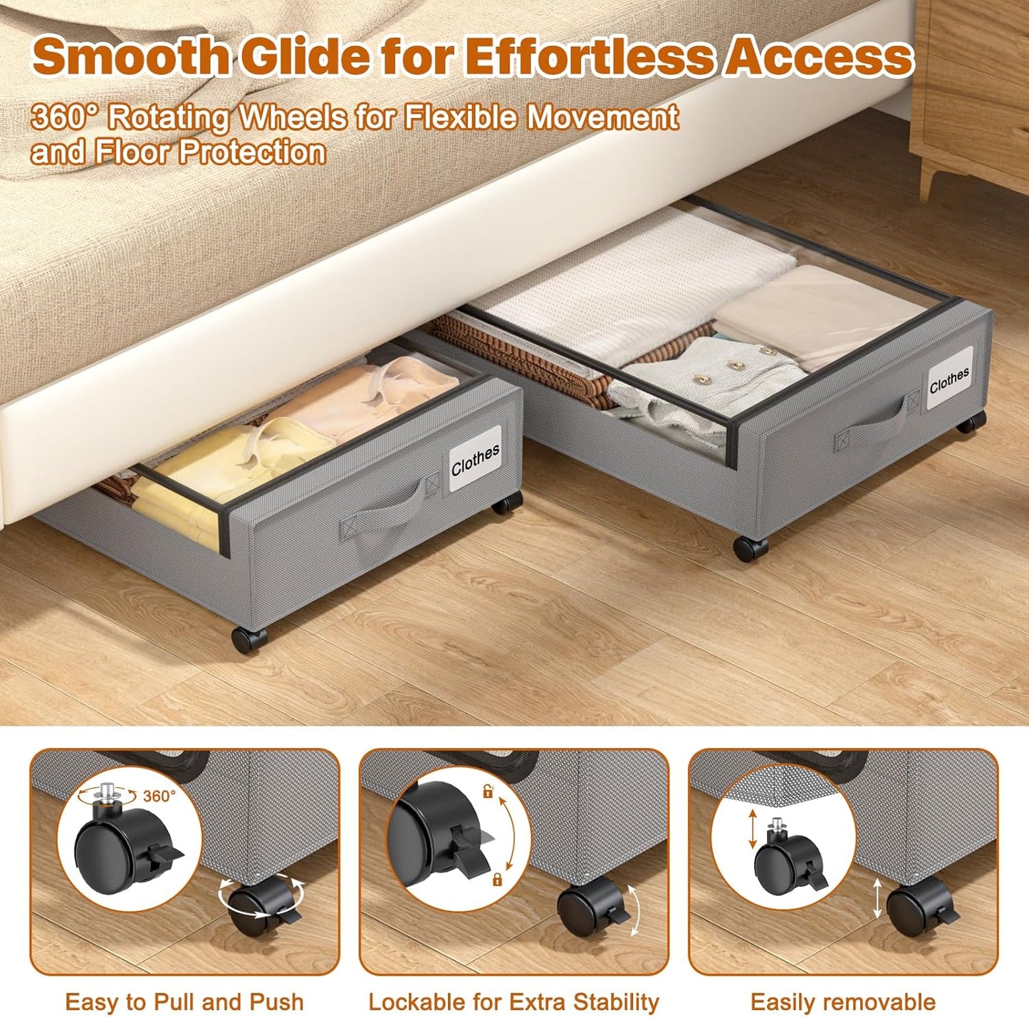 Under Bed Storage with Wheels,XXL 60L Under Bed Storage Containers with Clear Lids, Under-Bed Organizers for Clothes, Shoes – Durable Storage Bins with Smooth Rolling Wheels (Gray, 4 Pack)