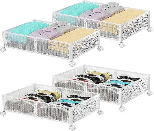 PHINOX Under Bed Storage, Under the Bed Storage Containers with Wheels, Under Bed Shoe Storage Organizer Drawer for Bedroom Clothes Shoes Blankets -4Pack