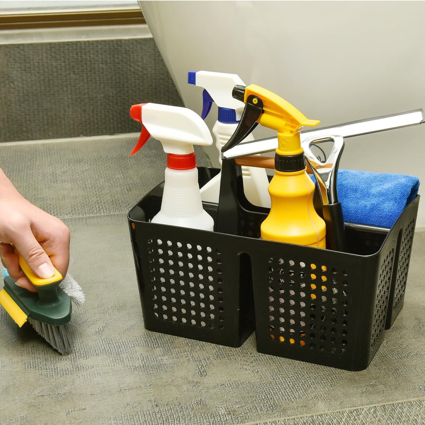 Portable Shower Caddy Basket with Compartments, Plastic Divided Cleaning Caddy Organizer Storage Tote with Handle for Bathroom, College, Dorm Room Essentials, Black