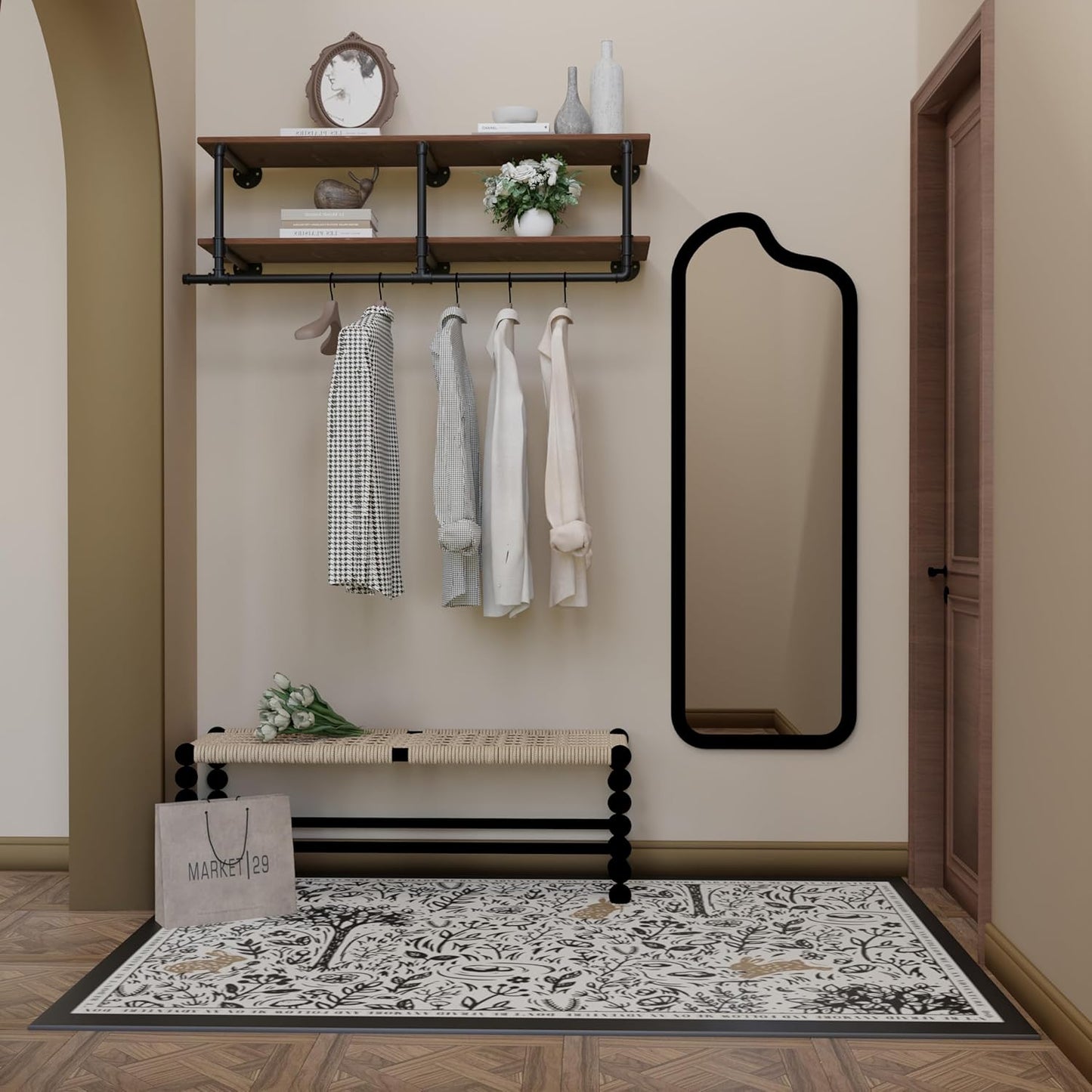 Clothes Rack 48in, Wall Mounted Garment Rack with Real Wood Shelf, Heavy Duty Hanging Clothes Rack, Multi-Purpose Hanging Rod, Space-Saving Closet Storage (2T48IN)