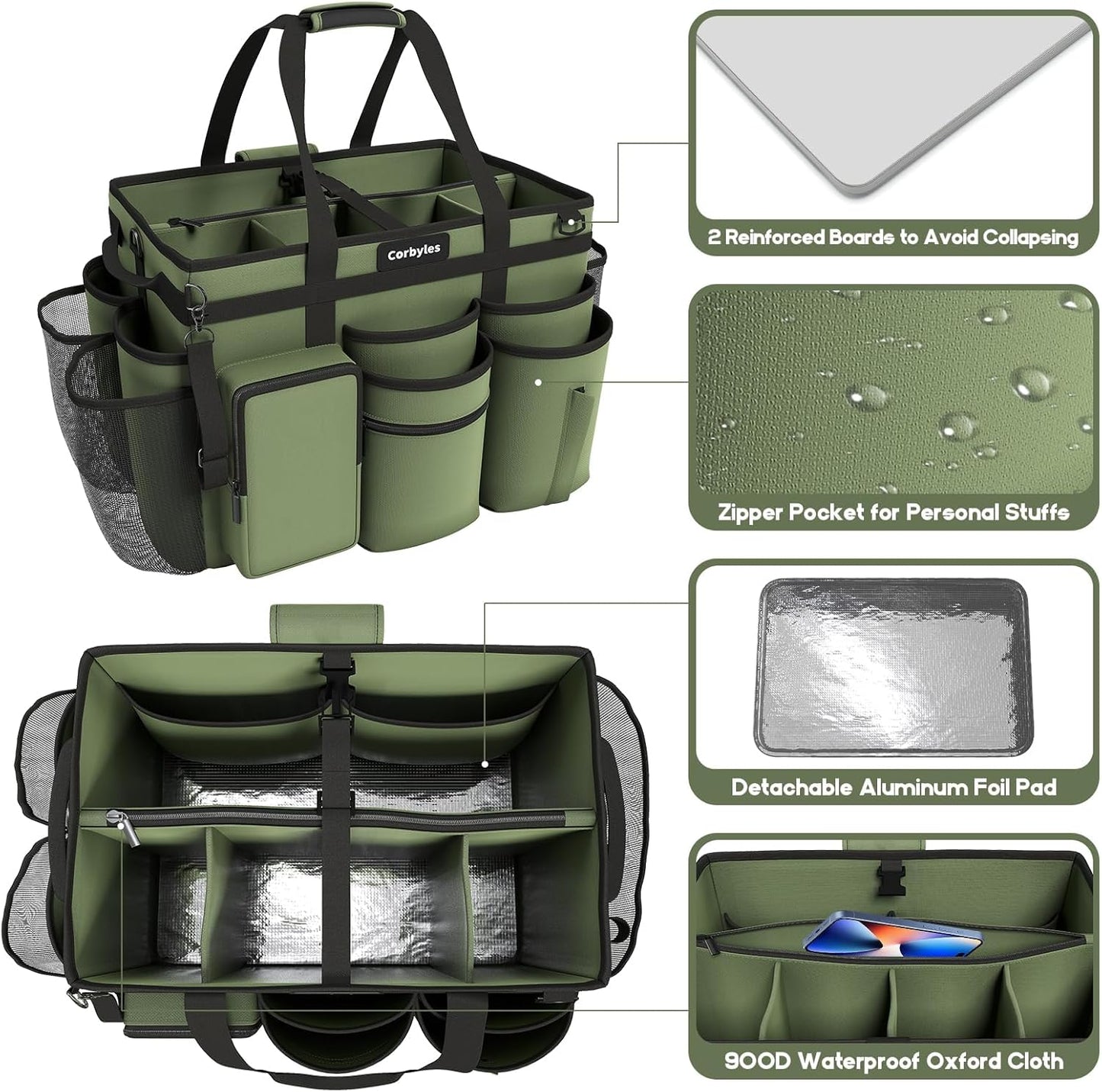 Rolling Cleaning Caddy Bag with Detachable Trolley, Cleaning Supplies Organizer Cart on Wheels, Cleaning Supply Caddy for Housekeepers, Large Professional Detailing Bag Tote for Home, Car (Green)