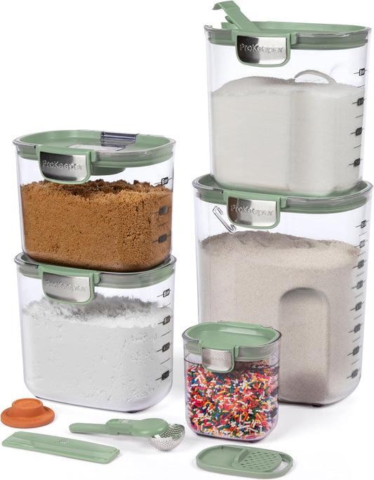 ProKeeper+ 9-Piece Airtight Food Storage Container Set – Clear Plastic Flour and Sugar Canister Set with Magnetic Accessories for Kitchen Organization