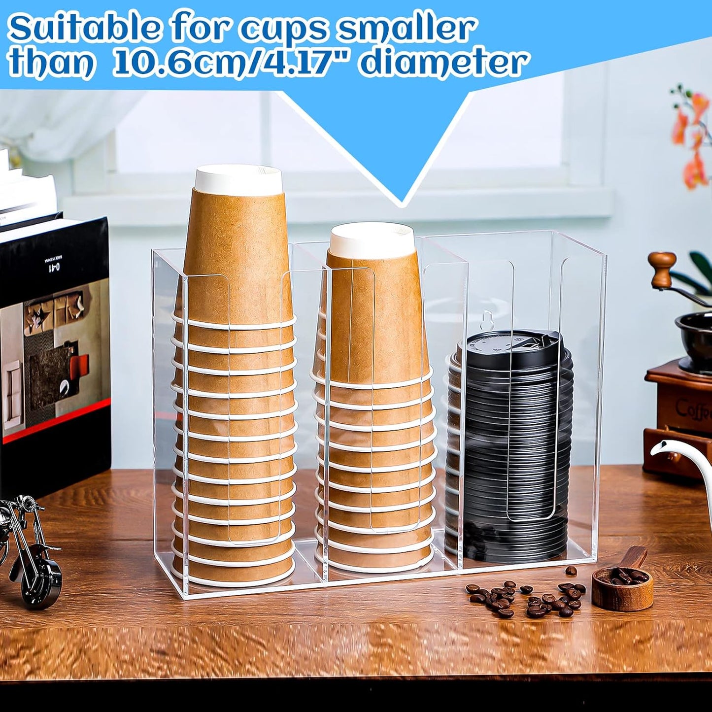Cunhill 3 Compartments Acrylic Coffee Cup Dispenser Organizer Paper Cup Lid Sleeve Holder Organizer Coffee Shop Supplies Holder Storage for Counter Wall(Clear)