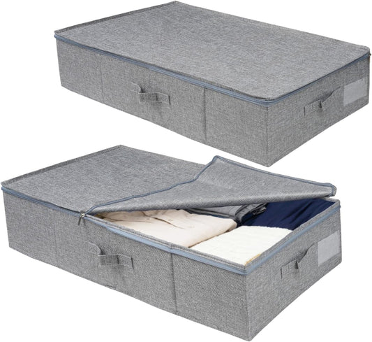 Under Bed Storage Container Bins with Lid,2 Pack Foldable Underbed Storage Organizer,50L Large Underbed Bag for Organizing Clothes Blankets Pillows(Grey)