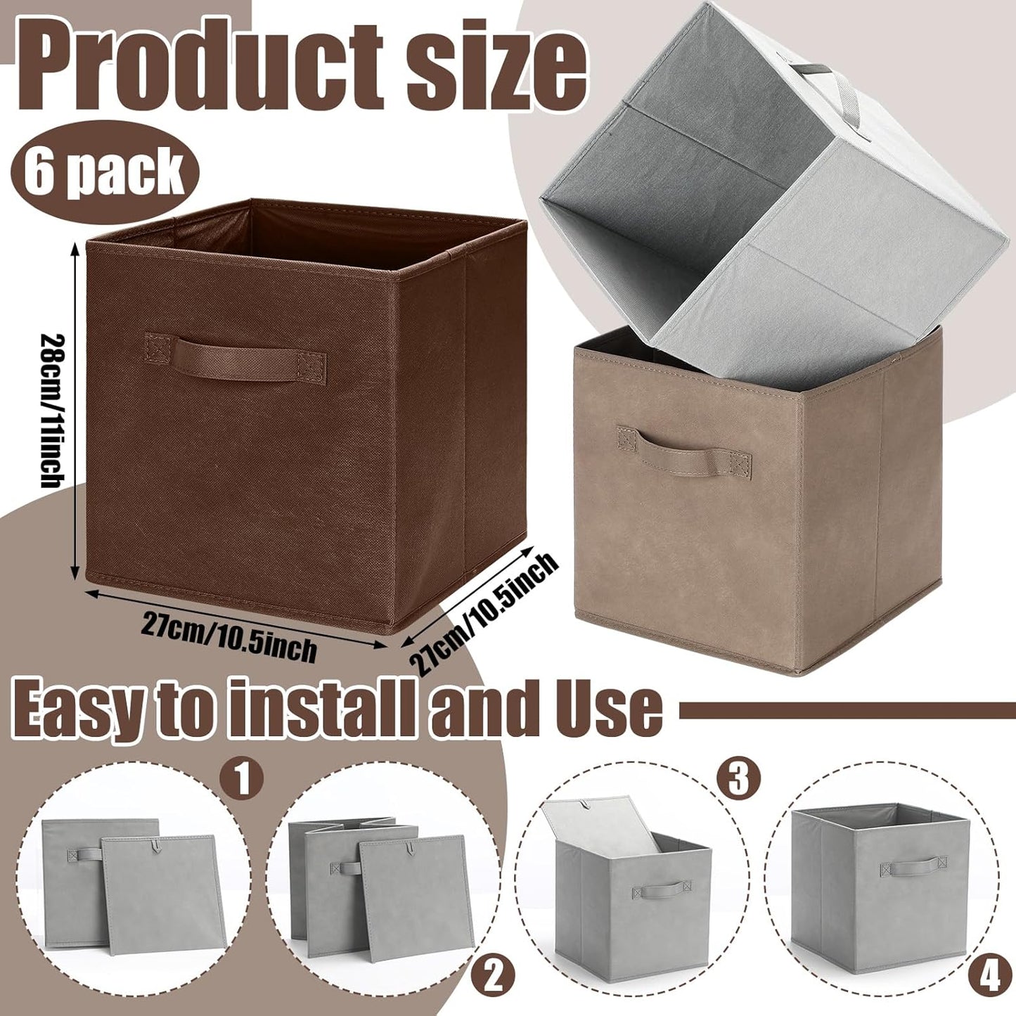 Karenhi 11" x 10. 5" x 10. 5" Brown Gray Storage Cube, 6 Pack Fabric Cube Storage Bins Organizer Box, Collapsible Baskets with Handles Foldable Shelf for Cloth Toys Home Room Closet, Pack of 6