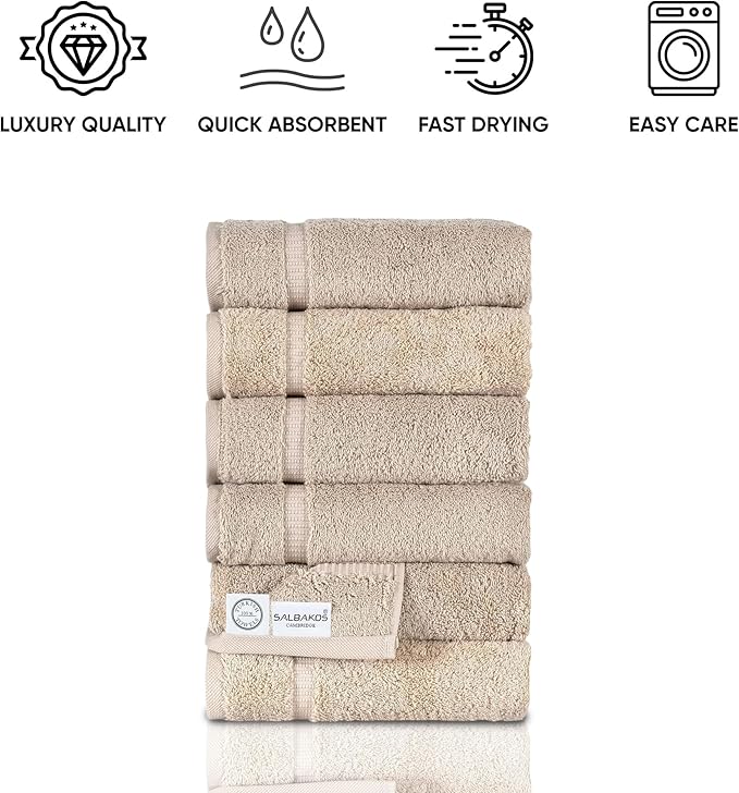 SALBAKOS 100% Turkish Cotton Hand Towel Set of 6 16x30 inch | Heirloom Quality | Hotel & Spa Collection | Ultra Soft, Super Absorbent, Long Lasting Hand Towels | Made in Turkey (Taupe, 6 Hand Towels)