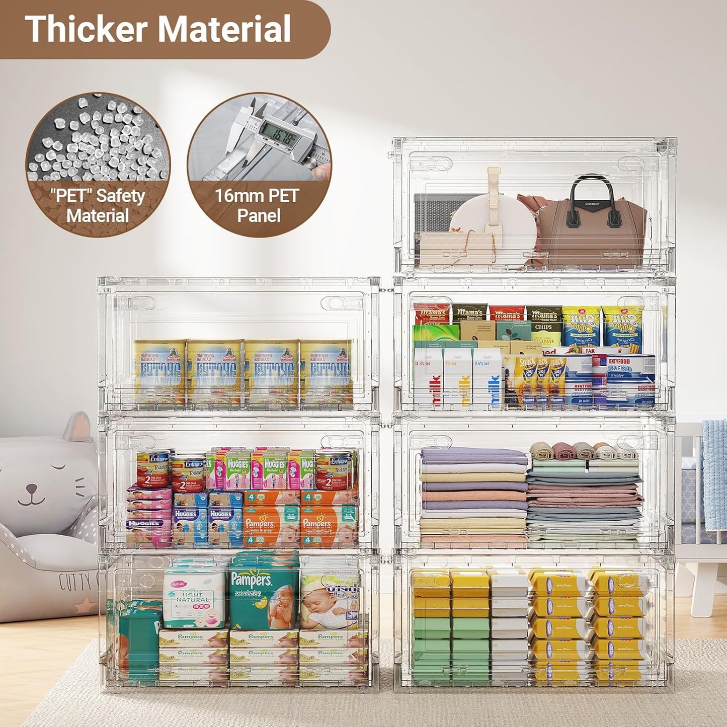 BROVIEW 400Qt Clear Stackable Storage Bins with Lids and Wheels, Shiny Plastic Storage Bins, Foldable PET Drawer Closet Organizers and Storage Cabinets Display Box for Home Craft Makeup, 5 Pack