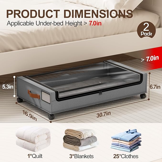 LAMU Under Bed Storage with Wheels 2 Pack, Under Bed Storage Containers with Clear Lid & PU Leather Handle, 6.7 Inches Height Rolling Underbed Drawer Organizer Bins for Clothes, Shoes, Blankets, Grey