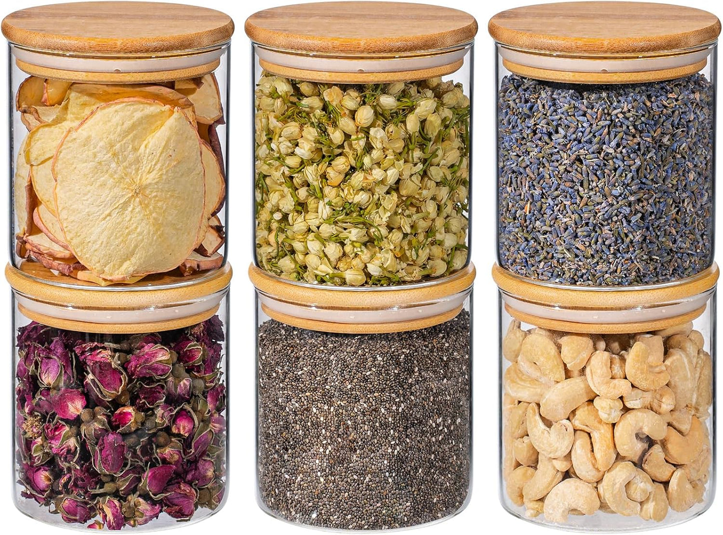20oz 6PCS Round Airtight Glass Food Storage Jars, Clear Glass Food Container with Bamboo Lid, Stackable Spice Jar, Small Kitchen Storage for Sugar, Tea, Coffee bean, Pasta, Oat, Spice